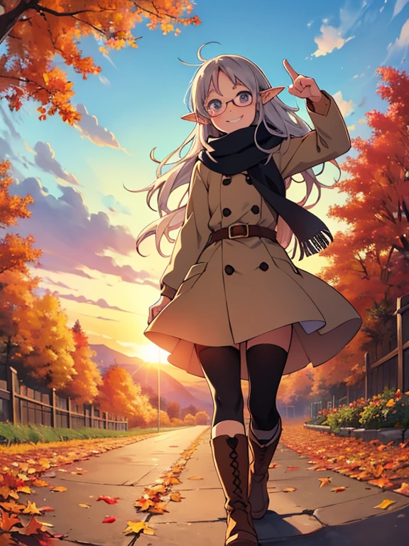 masterpiece， best quality， High image quality，(  super flat  ,    flat shading pointing at blackboard )，Elf、Glasses，Beautiful silver hair、  Fisheye Lens  ， Beautiful young mother and lovely daughter， warm scarf， (naked)，Long Hair，  boots, smile, smile，White Breath，fun, play，Autumn park garden，  falling leaves for vaginal discharge ，Autumn sky，dusk， beautiful sunset ，Wide angle，  bright color ，watercolor, Ghibli Style，Strong winds，  Girl Temptation，