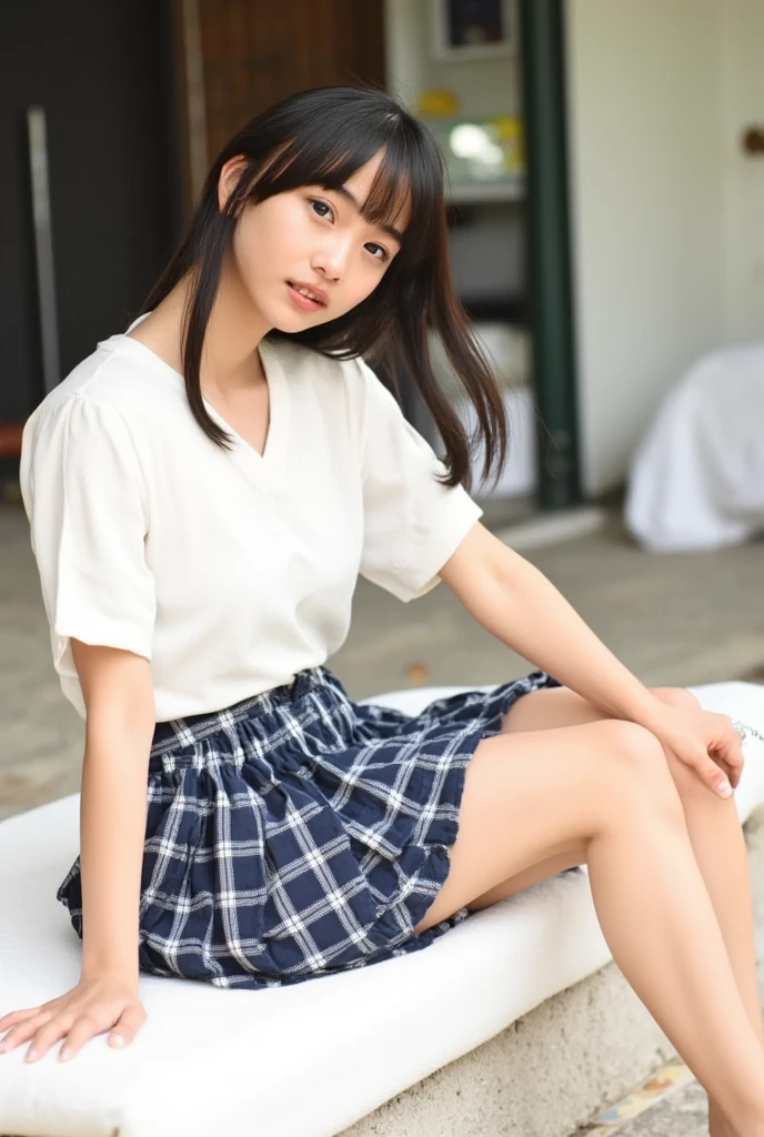 Leg spread、32K,  best quality, masterpiece, Realistic,  super detailed,    photos of cute 25-year-old Japan,  high definition , Alone、 (barefoot、 white blouse 、 blue plaid pleated skirt)、( legs:1.3)、((The upper body is wearing a uniform))、((((( looking at the camera)))))、(((whole body)))、((( thigh)))、bedroom、 on the bed、 is sitting、(( focuses on crotch)), real texture skin,
 nudes,