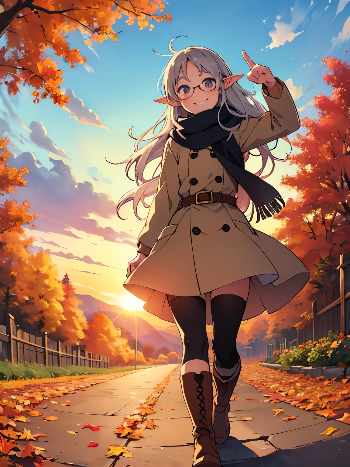 masterpiece， best quality， High image quality，(  super flat  ,    flat shading pointing at blackboard )，Elf、Glasses，Beautiful silver hair、  Fisheye Lens  ， Beautiful young mother and lovely daughter， warm scarf， (naked)，Long Hair，  boots, smile, smile，White Breath，fun, play，Autumn park garden，  falling leaves for vaginal discharge ，Autumn sky，dusk， beautiful sunset ，Wide angle，  bright color ，watercolor, Ghibli Style，Strong winds，  Girl Temptation，