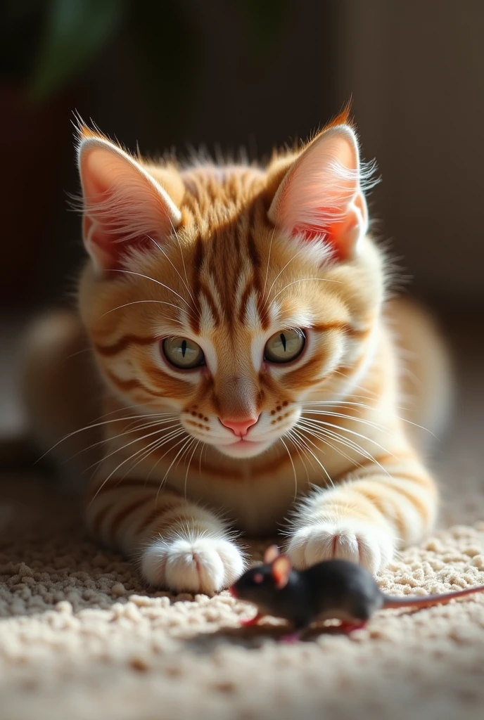 Darcy cat playing with a real mouse, realistic