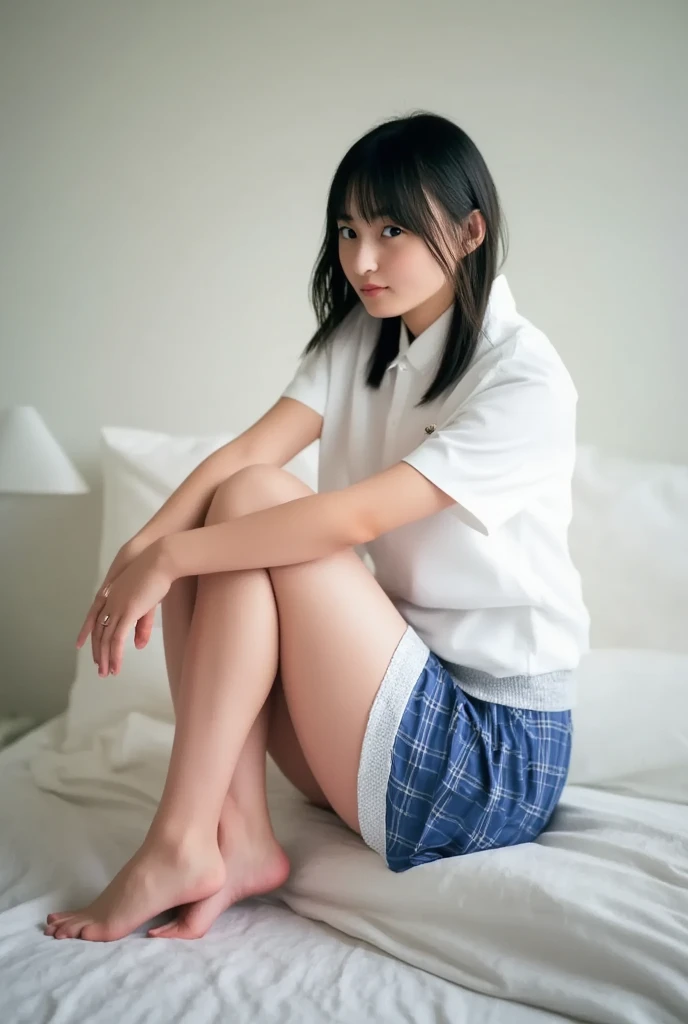 Leg spread、32K,  best quality, masterpiece, Realistic,  super detailed,    photos of cute 25-year-old Japan,  high definition , Alone、 (barefoot、 white blouse 、 blue plaid pleated skirt)、( legs:1.3)、((The upper body is wearing a uniform))、((((( looking at the camera)))))、(((whole body)))、((( thigh)))、bedroom、 on the bed、 is sitting、(( focuses on crotch)), real texture skin,
 nudes,