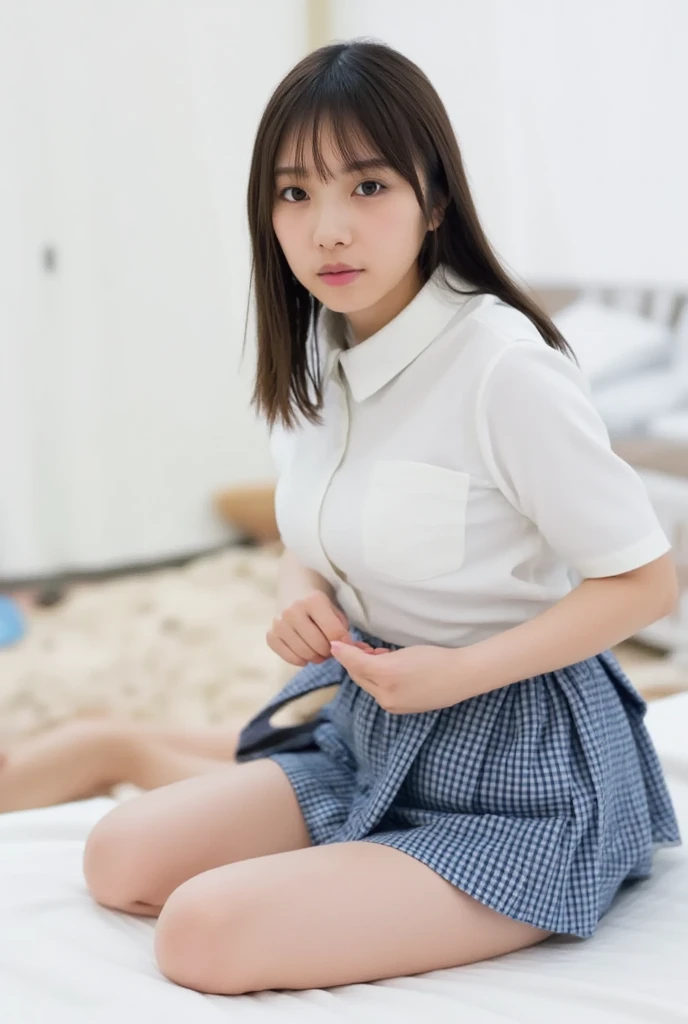 Leg spread、32K,  best quality, masterpiece, Realistic,  super detailed,    photos of cute 25-year-old Japan,  high definition , Alone、 (barefoot、 white blouse 、 blue plaid pleated skirt)、( legs:1.3)、((The upper body is wearing a uniform))、((((( looking at the camera)))))、(((whole body)))、((( thigh)))、bedroom、 on the bed、 is sitting、(( focuses on crotch)), real texture skin,
 nudes,