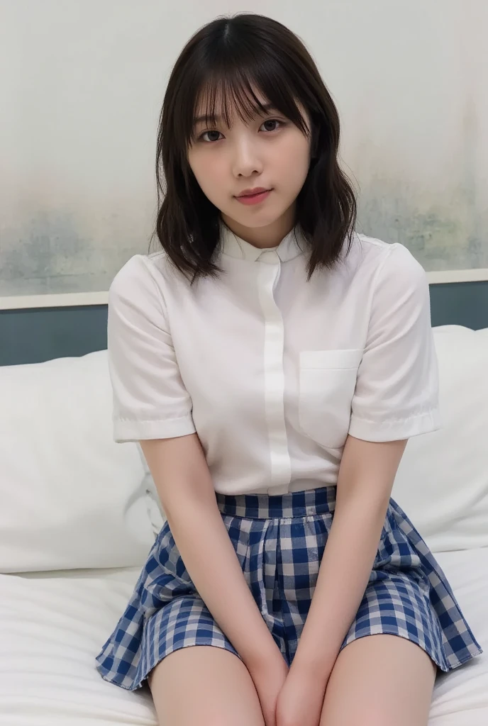 Leg spread、32K,  best quality, masterpiece, Realistic,  super detailed,    photos of cute 25-year-old Japan,  high definition , Alone、 (barefoot、 white blouse 、 blue plaid pleated skirt)、( legs:1.3)、((The upper body is wearing a uniform))、((((( looking at the camera)))))、(((whole body)))、((( thigh)))、bedroom、 on the bed、 is sitting、(( focuses on crotch)), real texture skin,
 nudes,