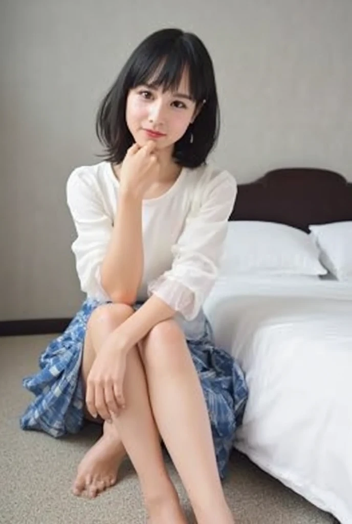 Leg spread、32K,  best quality, masterpiece, Realistic,  super detailed,    photos of cute 25-year-old Japan,  high definition , Alone、 (barefoot、 white blouse 、 blue plaid pleated skirt)、( legs:1.3)、((The upper body is wearing a uniform))、((((( looking at the camera)))))、(((whole body)))、((( thigh)))、bedroom、 on the bed、 is sitting、(( focuses on crotch)), real texture skin,
 nudes,