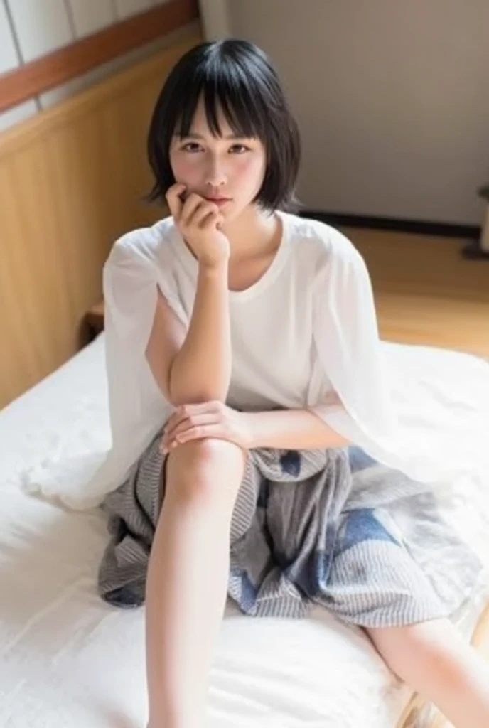 Leg spread、32K,  best quality, masterpiece, Realistic,  super detailed,    photos of cute 25-year-old Japan,  high definition , Alone、 (barefoot、 white blouse 、 blue plaid pleated skirt)、( legs:1.3)、((The upper body is wearing a uniform))、((((( looking at the camera)))))、(((whole body)))、((( thigh)))、bedroom、 on the bed、 is sitting、(( focuses on crotch)), real texture skin,
 nudes,