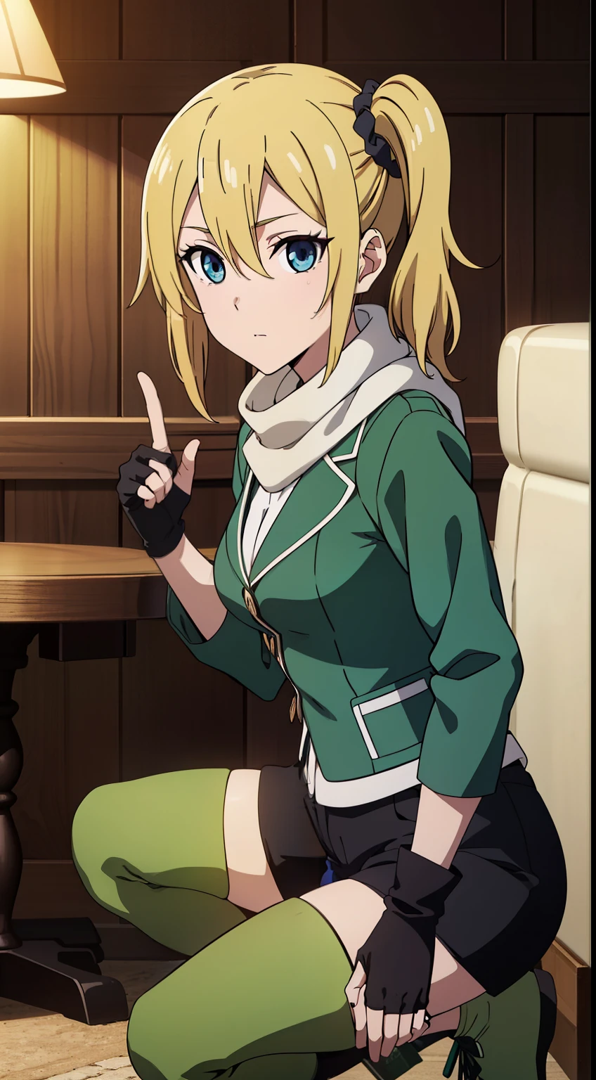 hayasaka, blonde hair, blue eyes, hair Scrunchie, side ponytail, Scrunchie, 1 girl, hair ornaments, alone, hair between eyes, (Green Jacket, Black Footwear, Black Gloves, Black Shorts, Fingerless Gloves, Gloves, Green Legwear, Jacket, Long Sleeves, Open Jacket, shirt,  Scarf, Short Hair With Long Hair, Short Shorts, Shorts, White Scarf),
beautiful Finger, beautiful body, beautiful character design, perfect eyes, perfect face, expressive eyes, looking at the viewer, Show up to your knees, sexy pose, in the center of the image, official art, High Definition CG Unity, Perfect lit, bright_front_face_lit, (table top:1.0),(Highest_quality:1.0), 4k, Super detailed, photograph, 8k, nffsw, High resolution, (absurd:1.2), kodak portrait 400, film grain, Lens flare, (lively_color:1.2),  (beautiful_medium breasts:1.4), (beautiful_face:1.3),(narrow_waist),
