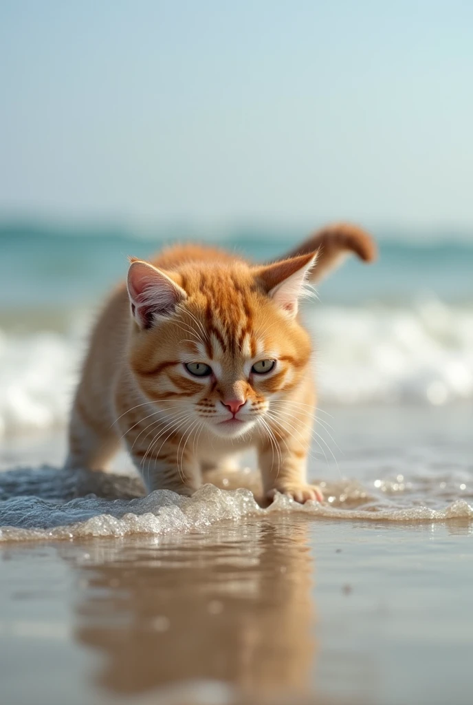 Darcy cat realistic photo shot, playing on a beach near the water