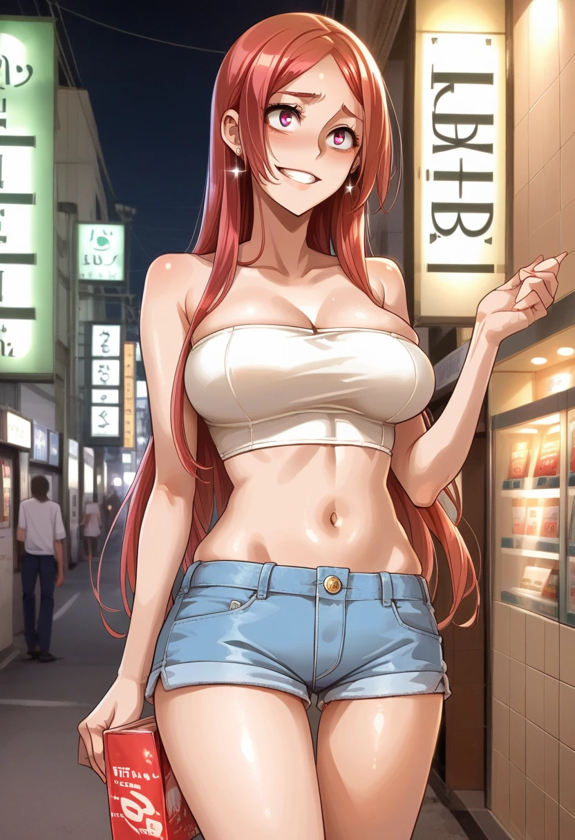 score_9, score_8_up, score_7_up, score_6_up, anime, 
ShindoL_style, 1girl, takumi tsf, long hair, parted bangs, skindentation, (Soft Lighting), nervous smile, red hair, big breasts, (hourglass figure), long hair, slut, (nighttime), red light district, street, (outdoors), earrings, (white tube top), (tight black cutoff shorts), lovehogai, neon lights, storefront,