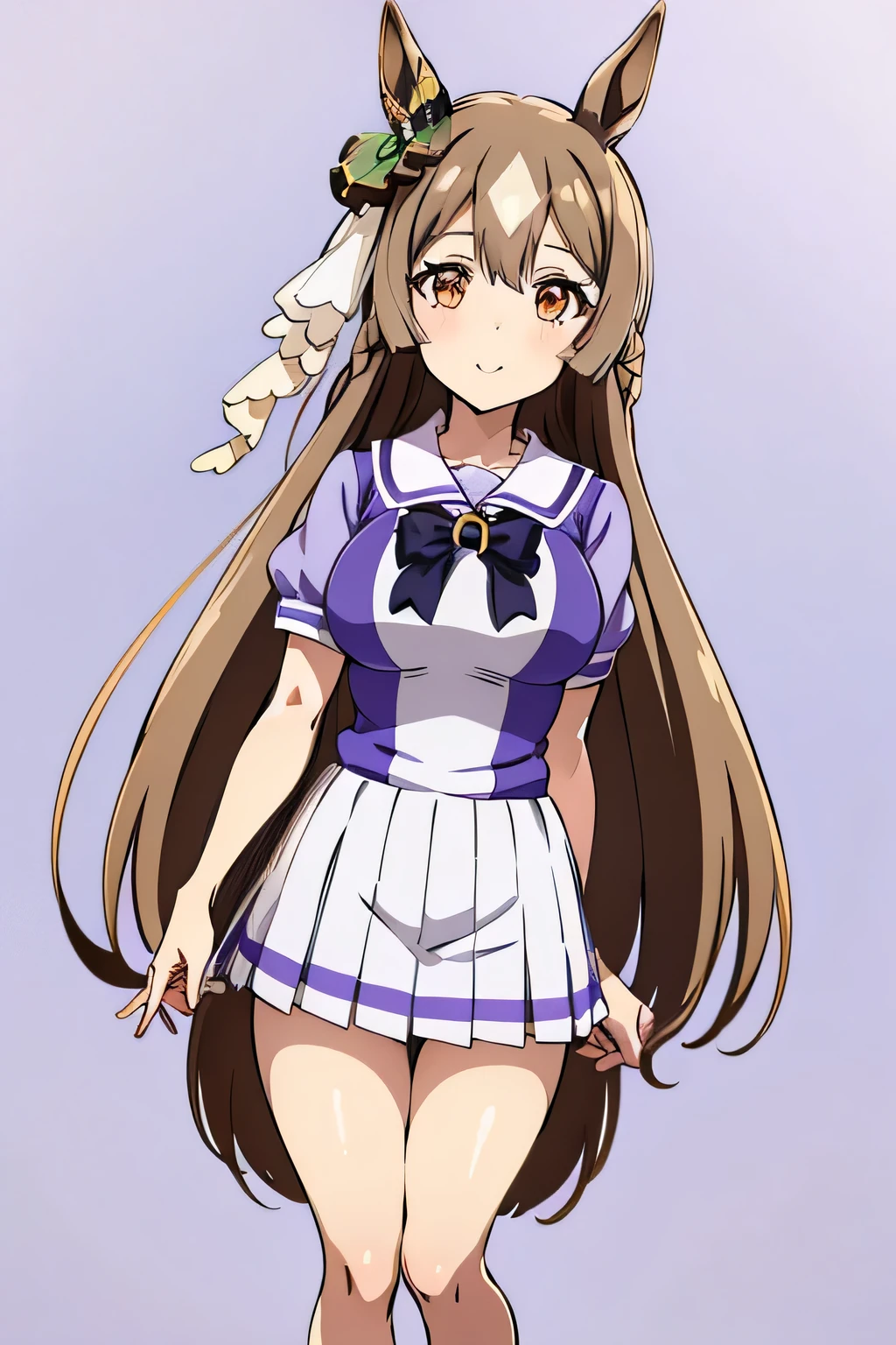 bbsato, long hair, half updo, braid, hair between eyes, animal ears, ear ornament, horse tail,brown hair,(Chibi,sketch,anime colours,close-up,Seiza,facing straight at viewer,Front view:1.2),tracen school uniform, Summer uniform, serafuku, Puffy Short Sleeves, purple bowtie, Horseshoe ornament, Sailor collar, sailor shirt, Purple shirt, White skirt, Pleated skirt, frilld, Miniskirt, zettai ryouiki, white thigh highs, Brown Footwear, lowfers,huge breasts,A smile,thighs thighs thighs thighs.Looking away,((highly detailed eyes)),anatomically correct,solo,(simple background,whitebackground)