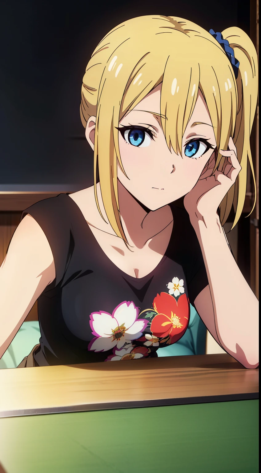 hayasaka, blonde hair, blue eyes, hair Scrunchie, side ponytail, Scrunchie, 1 girl, hair ornaments, alone, hair between eyes, ((Floral T-shirt:1.2), collarbone, mini skirt, park),
beautiful Finger, beautiful body, beautiful character design, perfect eyes, perfect face, expressive eyes, looking at the viewer, Show up to your knees, sexy pose, in the center of the image, official art, High Definition CG Unity, Perfect lit, bright_front_face_lit, (table top:1.0),(Highest_quality:1.0), 4k, Super detailed, photograph, 8k, nffsw, High resolution, (absurd:1.2), kodak portrait 400, film grain, Lens flare, (lively_color:1.2),  (beautiful_medium breasts:1.4), (beautiful_face:1.3),(narrow_waist),
