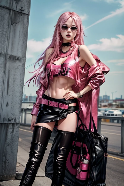 1girl, a young prostitute, long pink hair, ((black leather mini skirt)), midriff, toned abbs, revealing clothes, suspenders, thigh highs, thigh boots, full-body portrait, sexy, slender, (thin, skinny, slim, slender, toned), remarkable detailed pupils, collarbone, full body, Wide-Angle, UHD, accurate, anatomically correct, hookerchic, ((full figure)), daytime