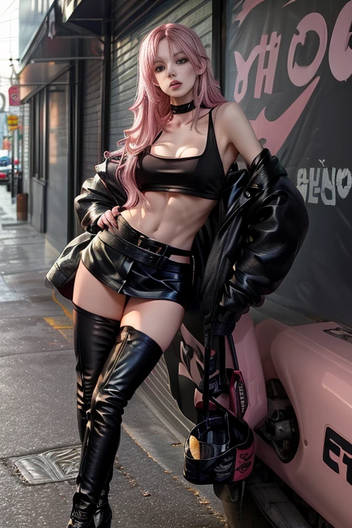 1girl, a young prostitute, long pink hair, ((black leather mini skirt)), midriff, toned abbs, revealing clothes, suspenders, thigh highs, thigh boots, full-body portrait, sexy, slender, (thin, skinny, slim, slender, toned), remarkable detailed pupils, collarbone, full body, Wide-Angle, UHD, accurate, anatomically correct, hookerchic, ((full figure)), daytime