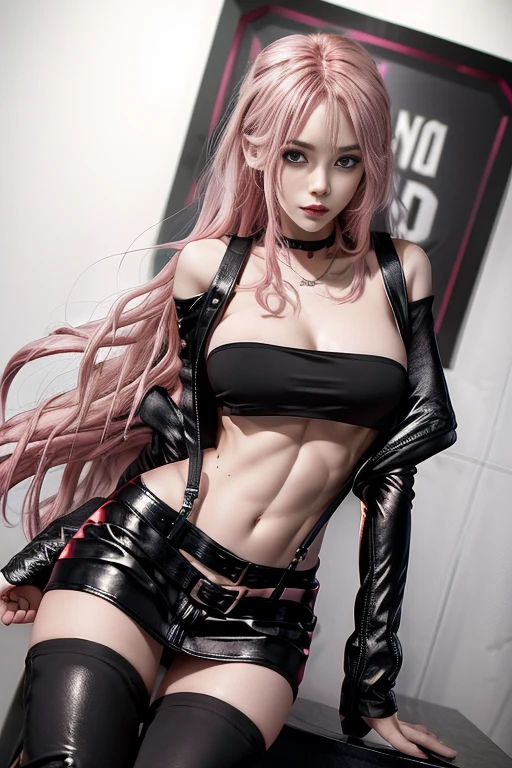 1girl, a young prostitute, long pink hair, ((black leather mini skirt)), midriff, toned abbs, revealing clothes, suspenders, thigh highs, thigh boots, full-body portrait, sexy, slender, (thin, skinny, slim, slender, toned), remarkable detailed pupils, collarbone, full body, Wide-Angle, UHD, accurate, anatomically correct, hookerchic, ((full figure)), daytime