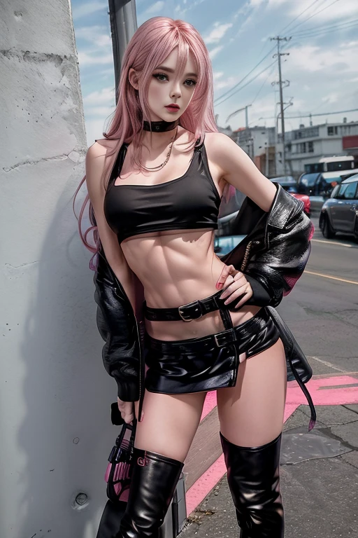 1girl, a young prostitute, long pink hair, ((black leather mini skirt)), midriff, toned abbs, revealing clothes, suspenders, thigh highs, thigh boots, full-body portrait, sexy, slender, (thin, skinny, slim, slender, toned), remarkable detailed pupils, collarbone, full body, Wide-Angle, UHD, accurate, anatomically correct, hookerchic, ((full figure)), daytime