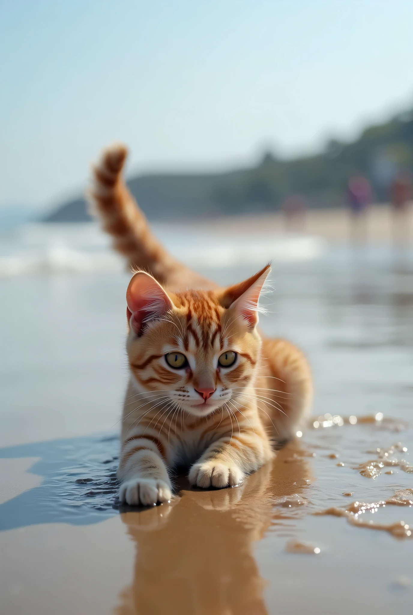 Darcy cat realistic photo shot, playing on a beach near the water