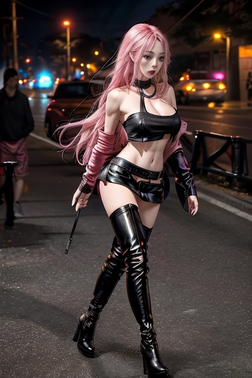 1girl, a young prostitute, long pink hair, (black leather mini skirt),  topless woman, bokeh,  thigh boots, sexy, slender, slim, toned, remarkable detailed pupils, highly detailed skin, collarbone, full body, full-body portrait, Wide-Angle, UHD, accurate, anatomically correct, hookerchic, ((full figure)), daytime, midriff, toned abbs,