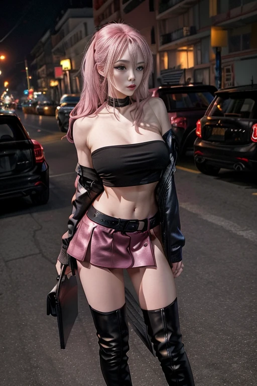 1girl, a young prostitute, long pink hair, (black leather mini skirt),  topless woman, bokeh,  thigh boots, sexy, slender, slim, toned, remarkable detailed pupils, highly detailed skin, collarbone, full body, full-body portrait, Wide-Angle, UHD, accurate, anatomically correct, hookerchic, ((full figure)), daytime, midriff, toned abbs,