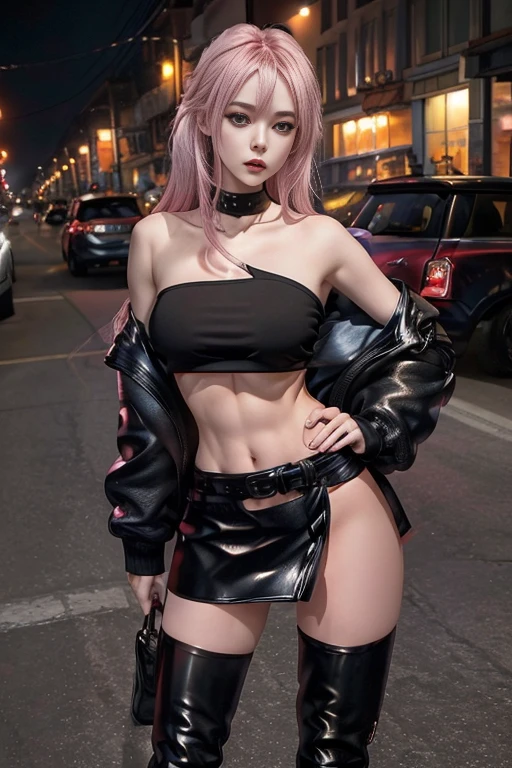 1girl, a young prostitute, long pink hair, (black leather mini skirt),  topless woman, bokeh,  thigh boots, sexy, slender, slim, toned, remarkable detailed pupils, highly detailed skin, collarbone, full body, full-body portrait, Wide-Angle, UHD, accurate, anatomically correct, hookerchic, ((full figure)), daytime, midriff, toned abbs,