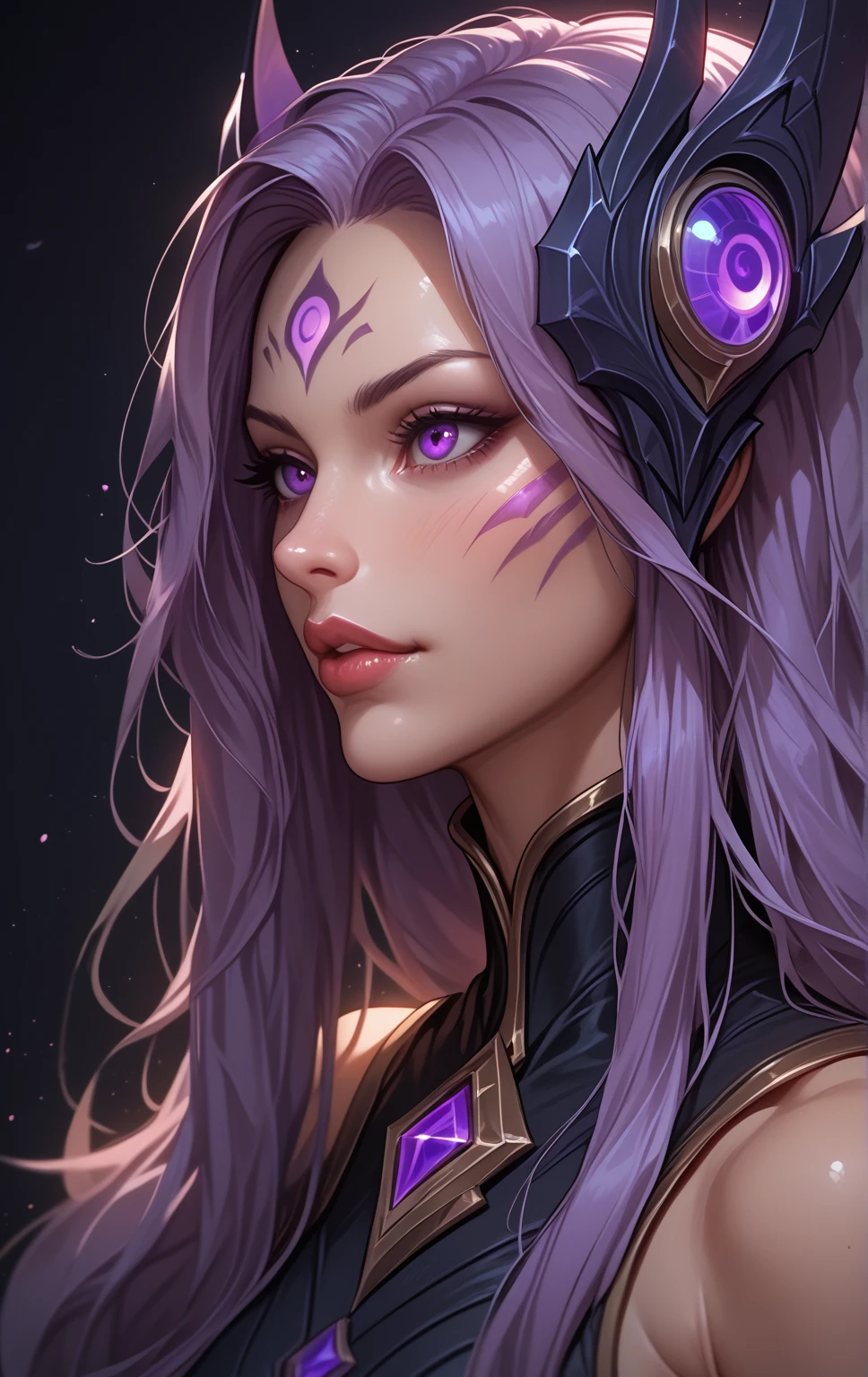 1 girl,  Long hair,  high definition, Legs out of frame, athletic body,  pretty face,  young, Dark background, Accuracy, High quality, In profile,  Kai'Sa, Kai'Sa from League of Legends, Hair color is dark violet, Eye color is violet, Head in frame, Character not close, Abyss marks on face, Body in frame, 