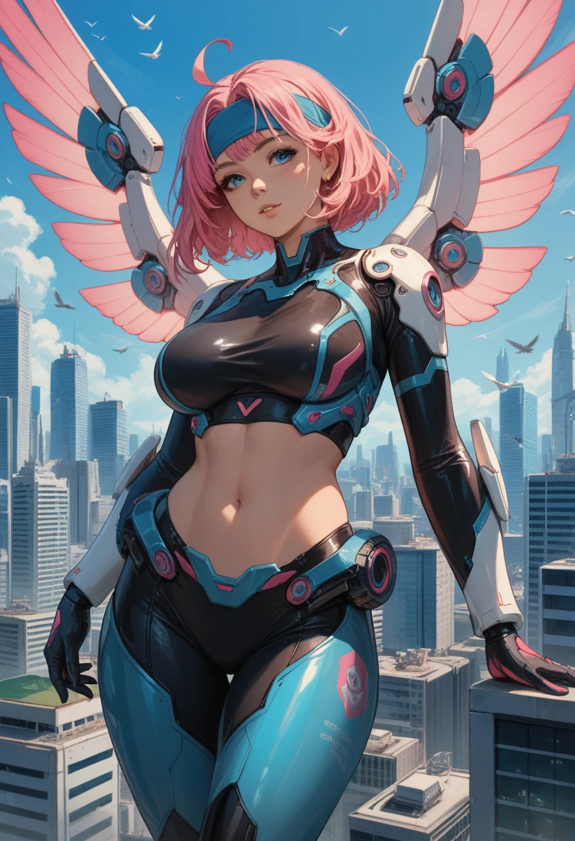 Cyber police girl, pink hair, Pink LED futuristic eyeglass, mechanical wings, red lips, cyberpunk theme, futuristic city, big breast((nipple)), perfect body, blue LED light, best quality, beautiful mech girl, cybernetic, 8k, ultra detail, high resolution, extremely realistic, face detail, Masterpiece