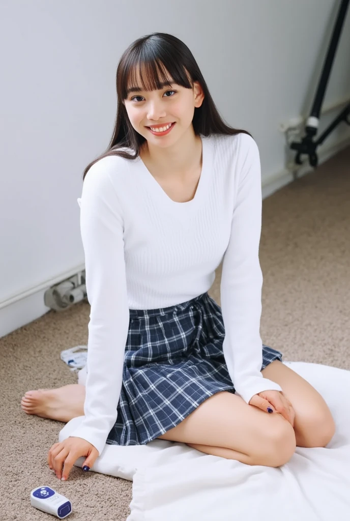 Cute and lovely elementary school first grade girl pretty face full body sitting full body photo small child sexy naughty children bed short skirt temptation panties visible revealing skirt body photo