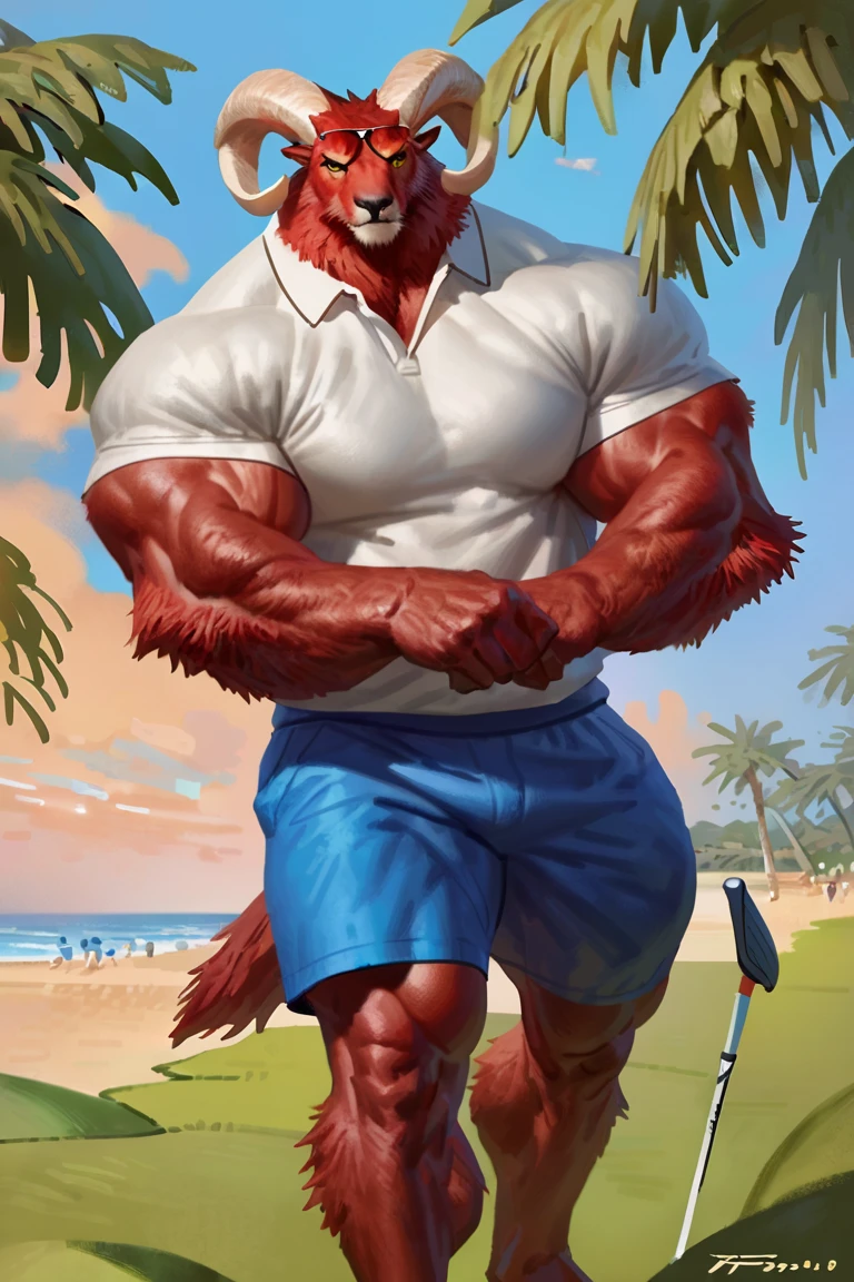 by taran fiddler, by  by bebebebe, painting style, male ram, comic book style, illustration, solo, pelaxd pose, frown expression, (huge muscles), (huge body), bara, strong body, (big strong legs), (big body), bulky muscles,, tall, rwhite polo shirt, blue sports shorts, sunglasses on forehead, (matted body), monocolor body, brown body, short red fur, matte body, detailed hands, detailed eyes, ram horns, cream color horns, yellow sclera, black eyes, detailed torso, rich luxury golf course near sunset beach in cuba background, playing golf, masterpiece, best art