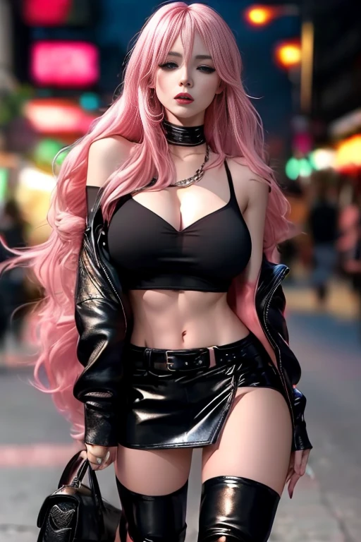 1girl, a young prostitute, long pink hair, (black leather mini skirt),  topless woman, bokeh,  thigh boots, sexy, slender, slim, toned, remarkable detailed pupils, highly detailed skin, collarbone, full body, full-body portrait, Wide-Angle, UHD, accurate, anatomically correct, hookerchic, ((full figure)), daytime, midriff, toned abbs,