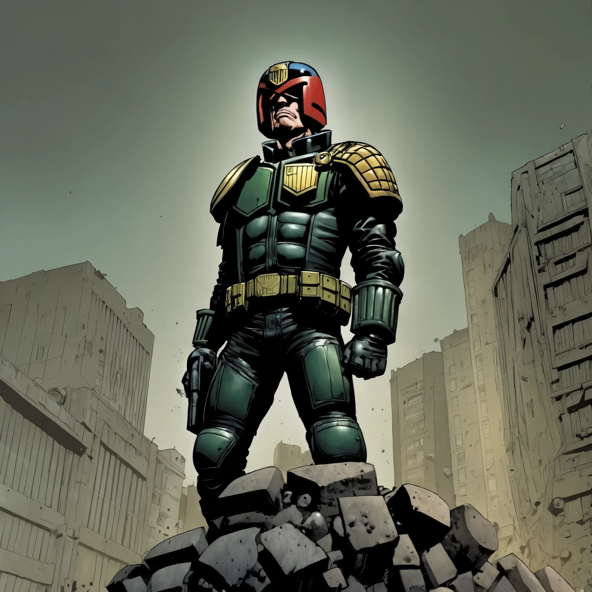 judge dredd, 2000AD style, by Garth Ennis, dark fantasy, grimdark, depressed, suicidal, standing on a precipice