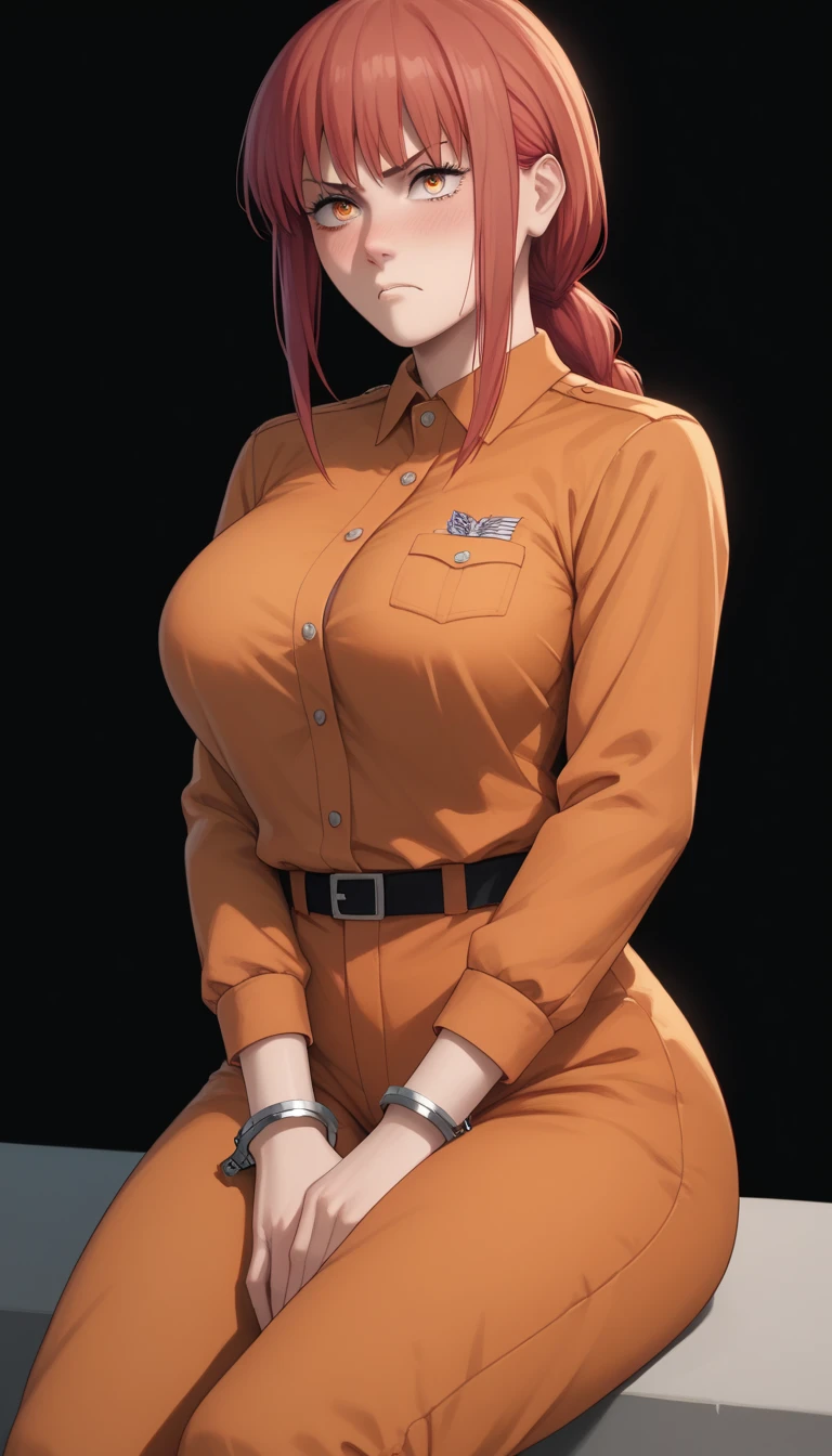 (masterpiece), best quality, high quality, 1girl, mak1ma0, solo, red hair, long hair, ringed eyes, angry, blushing, orange jumpsuit, uniform, orange pants breasts, big breasts, big , thick thighs, sitting, front view, black background, Hands tucked in between thighs, arms tucked in between thighs, Handcuffs