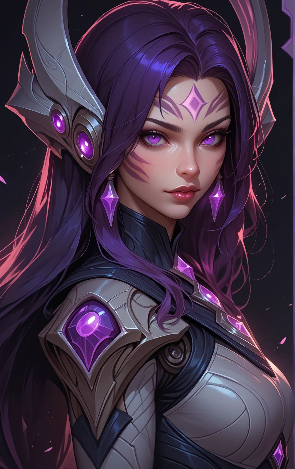 1 girl,  Long hair,  high definition, Legs out of frame, athletic body,  pretty face,  young, Dark background, Accuracy, High quality, In profile,  Kai'Sa, Kai'Sa from League of Legends, Hair color is dark violet, Eye color is violet, Head in frame, Character not close, Abyss marks on face, Belly in frame, Living suit on the body