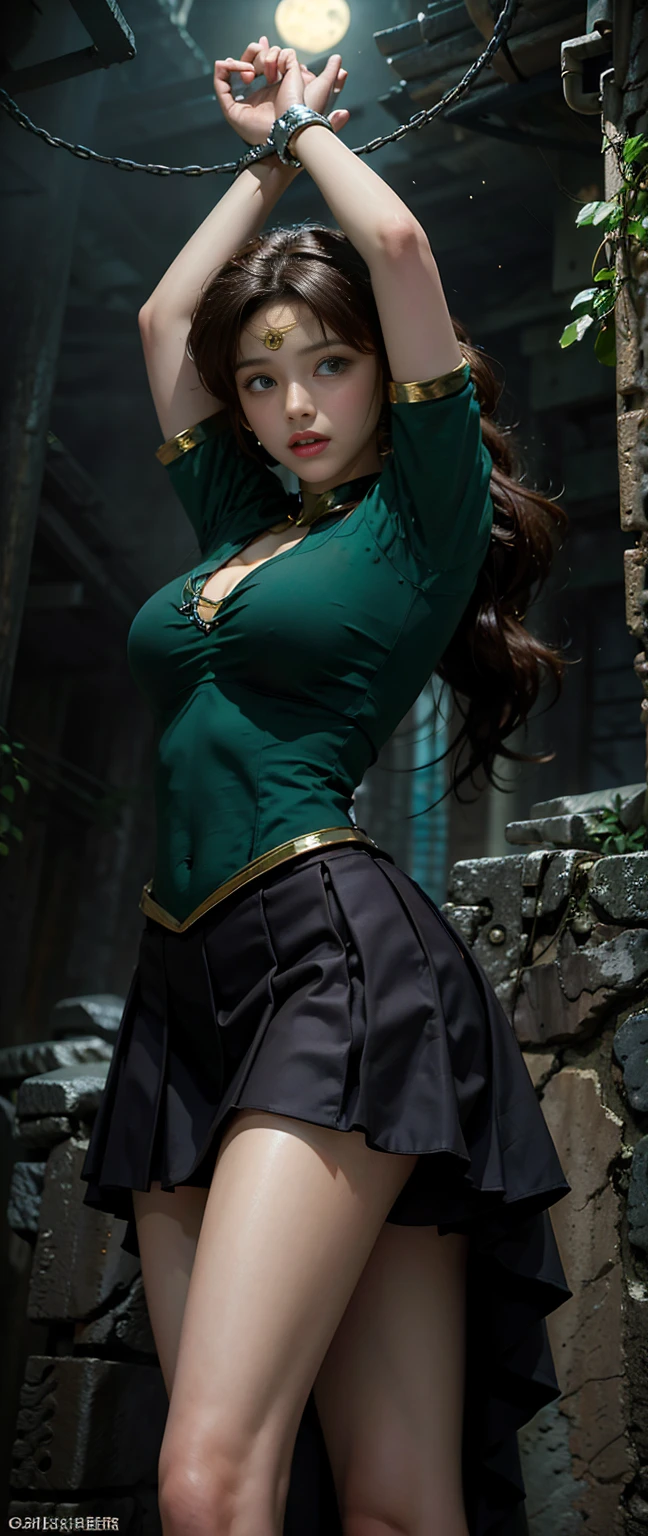 She is tall and has mysterious and beautiful Green Eyes., I see planets in the sky,  beautiful young woman，  has long brown hair  ，Wearing a ponytail, Green Eyes, Height: 170cm,  Sailor Moon Moonlight Legends ,  Sailor Jupiter , emerald jewelry,  I can see the scenery from a high place , The height is 172 ,  you are in great shape .,  I like sports too , He has mysterious Green Eyes.  The skirt must be green , Long legs, Very good body.  She has big beautiful breasts, 