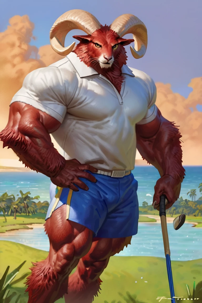 by taran fiddler, by  by bebebebe, painting style, male ram, comic book style, illustration, solo, pelaxd pose, frown expression, (huge muscles), (huge body), bara, strong body, (big strong legs), (big body), bulky muscles,, tall, rwhite polo shirt, blue sports shorts, sunglasses on forehead, (matted body), monocolor body, brown body, short red fur, matte body, detailed hands, detailed eyes, ram horns, cream color horns, yellow sclera, black eyes, detailed torso, rich luxury golf course near sunset beach in cuba background, playing golf, masterpiece, best art