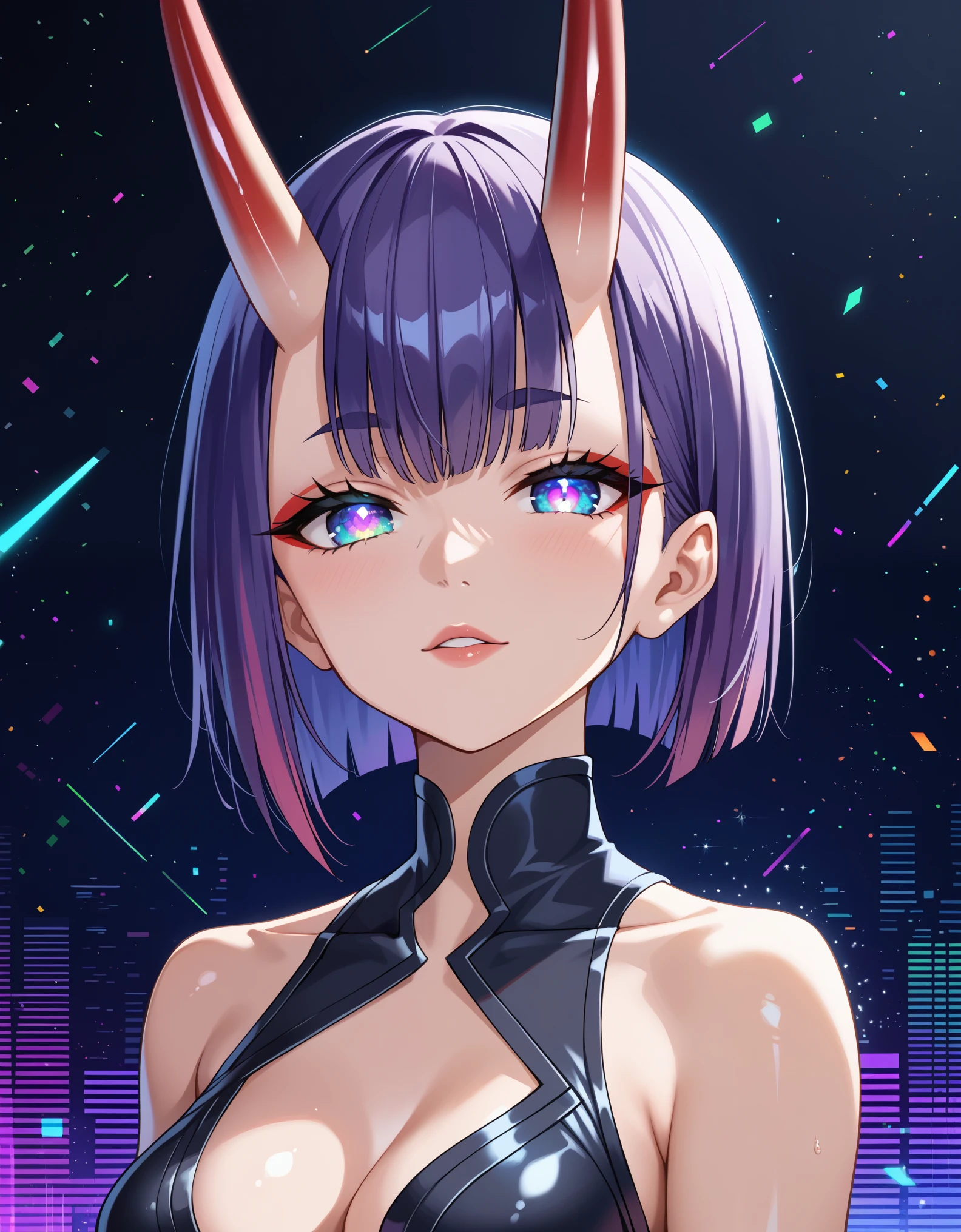 score_9,score_8_up,score_7_up, rating_safe, glitch, d1splaygl1tchl1nes, a glowing (triangle:1.1), 1girl, shuten douji \(fate\), cyborg, breasts, contrapposto, shiny, glamour, makeup, glossy, glowing eyes, anamorphic, head tilt, science fiction, head tilt, geometric, cyberpunk style (black background:0.8), particles, dust, lines, [:horns:0.4],violet hair,bangs,hair between eyes