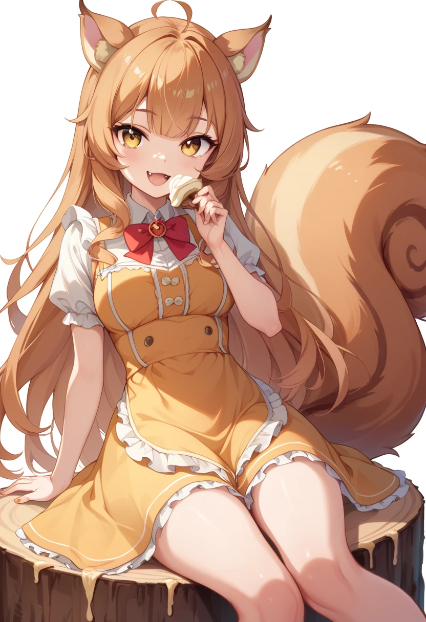  best quality、 one girl、Slender body、 Video 、Orange long hair、Squirrel Ears、round face、One cute fangs 、 golden eyes、 cream colored dress 、Sitting on a stump、 has a big acorn、 strange face 