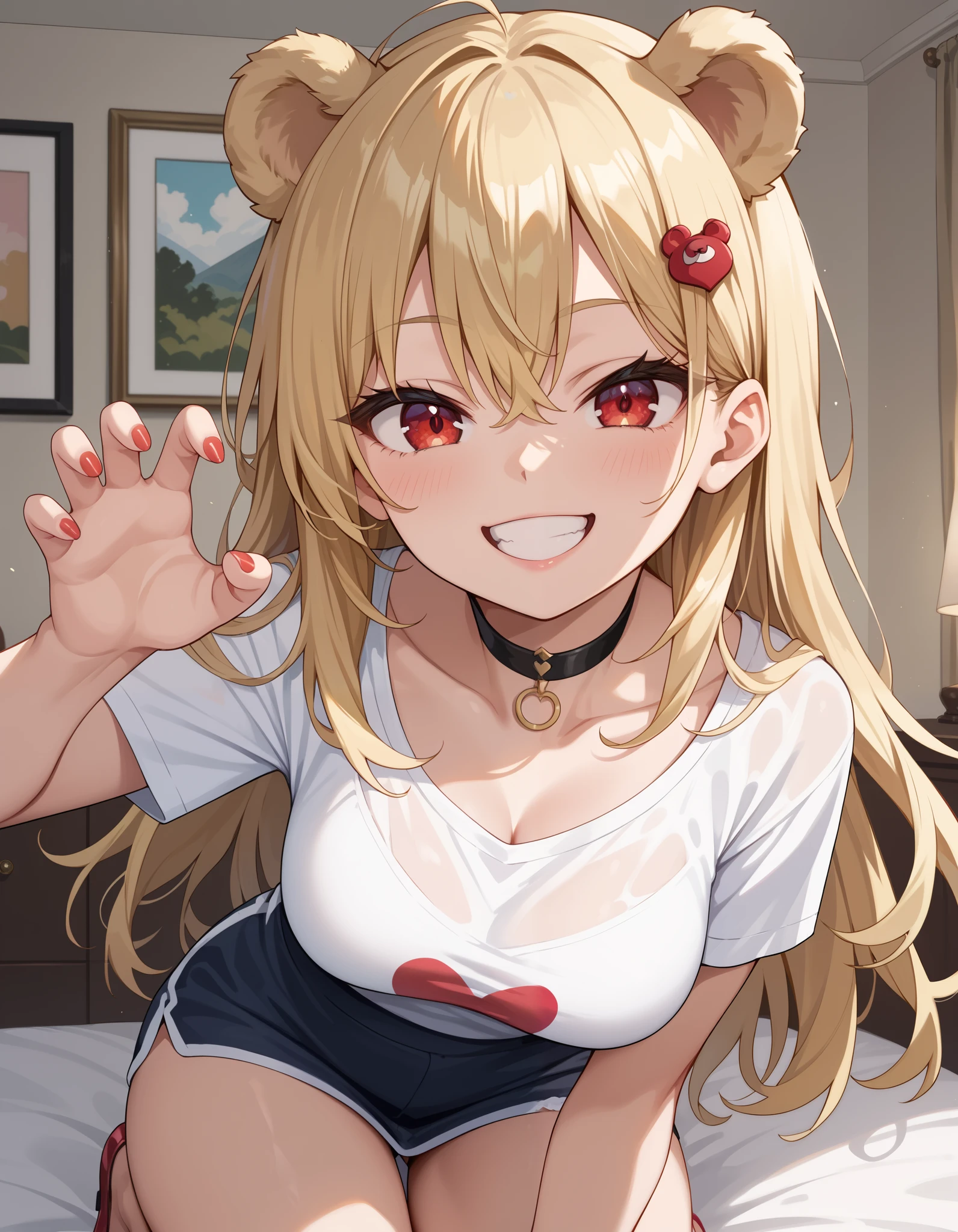 1girl, blonde hair, messy hair, long hair, red eyes, animal ears, bear ears, hairpin, short dress, choker, claw pose, evil smile, indoors, bedroom BREAK,masterpiece, best quality,score_7_up,score_8_up,score_9,