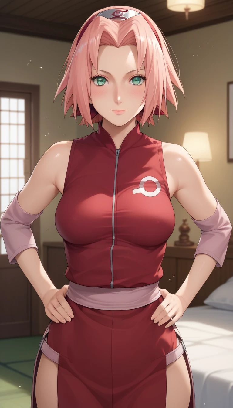 score_9,score_8_up,score_7_up,score_6_up,score_5_up,score_4_up BREAK skinny,choker,medium breasts,detached sleeves, indoors ,shiny skin,bokeh,bloom,indoors,light particles, bedroom,1girl, clear eyes, haruno sakura,pink hair,short,hair,green eyes,forehead protector, mature female, blush, model pose, naughty smile, perfect model body, wide hips, hands on hips, 