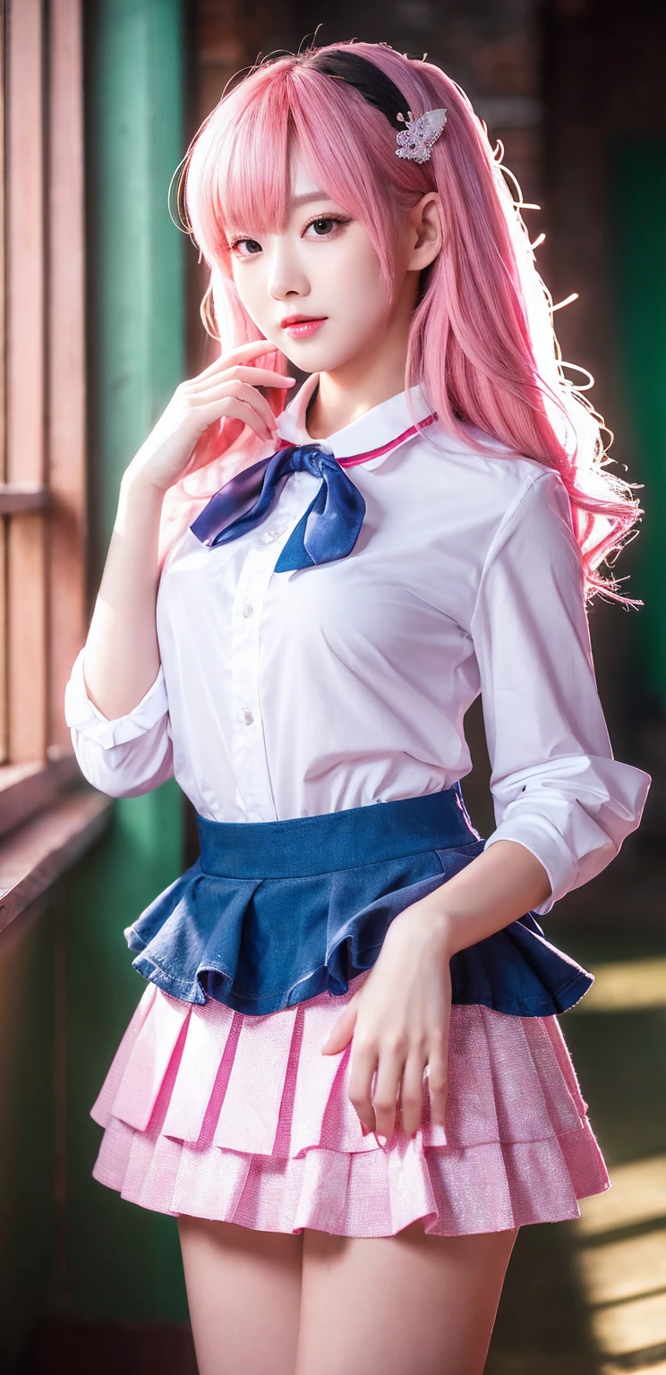 Young woman, blue eyes, rib cage shirt, skirt, one striped stocking, the other one in the asterisk, White hair, pink ends or bangs in the hair, каре