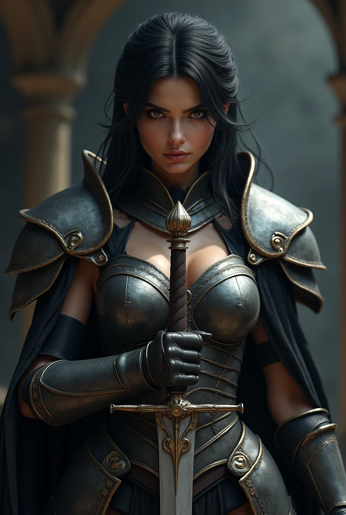 A woman with black hair and purple eyes, Armored, El Sword, The shield and bow of the goddess of the cosmos.Bare Skin,Eros