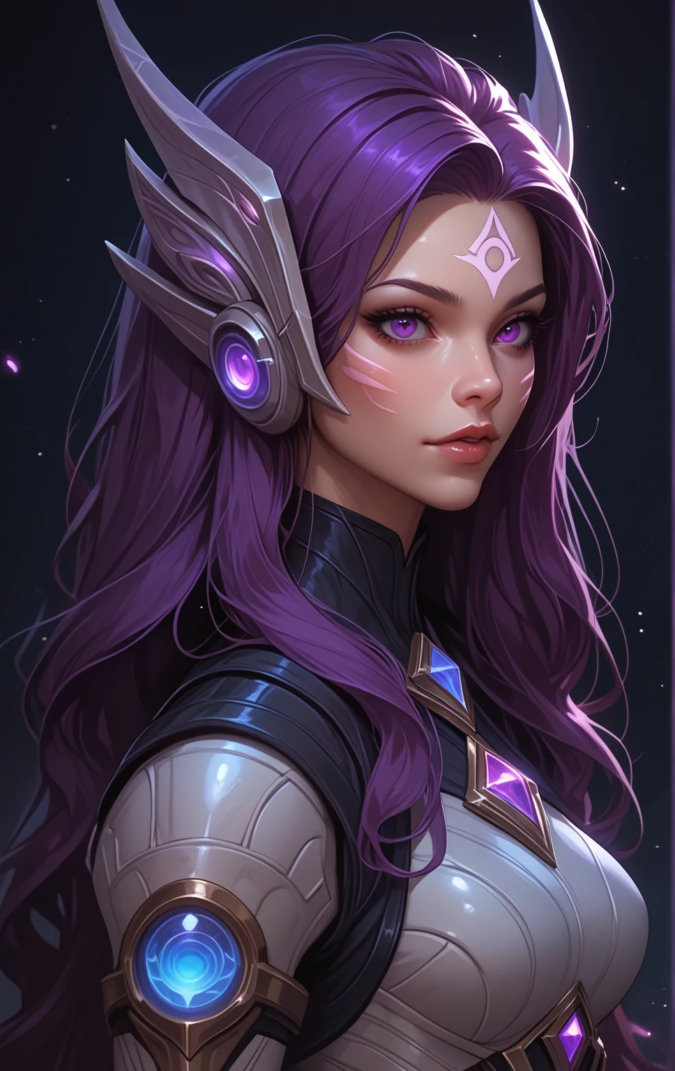 1 girl,  Long hair,  high definition, Legs out of frame, athletic body,  pretty face,  young, Dark background, Accuracy, High quality, In profile,  Kai'Sa, Kai'Sa from League of Legends, Hair color is dark violet, Eye color is violet, Head in frame, Character is far away, Abyss marks on face, Belly in frame, Living suit on the body, 