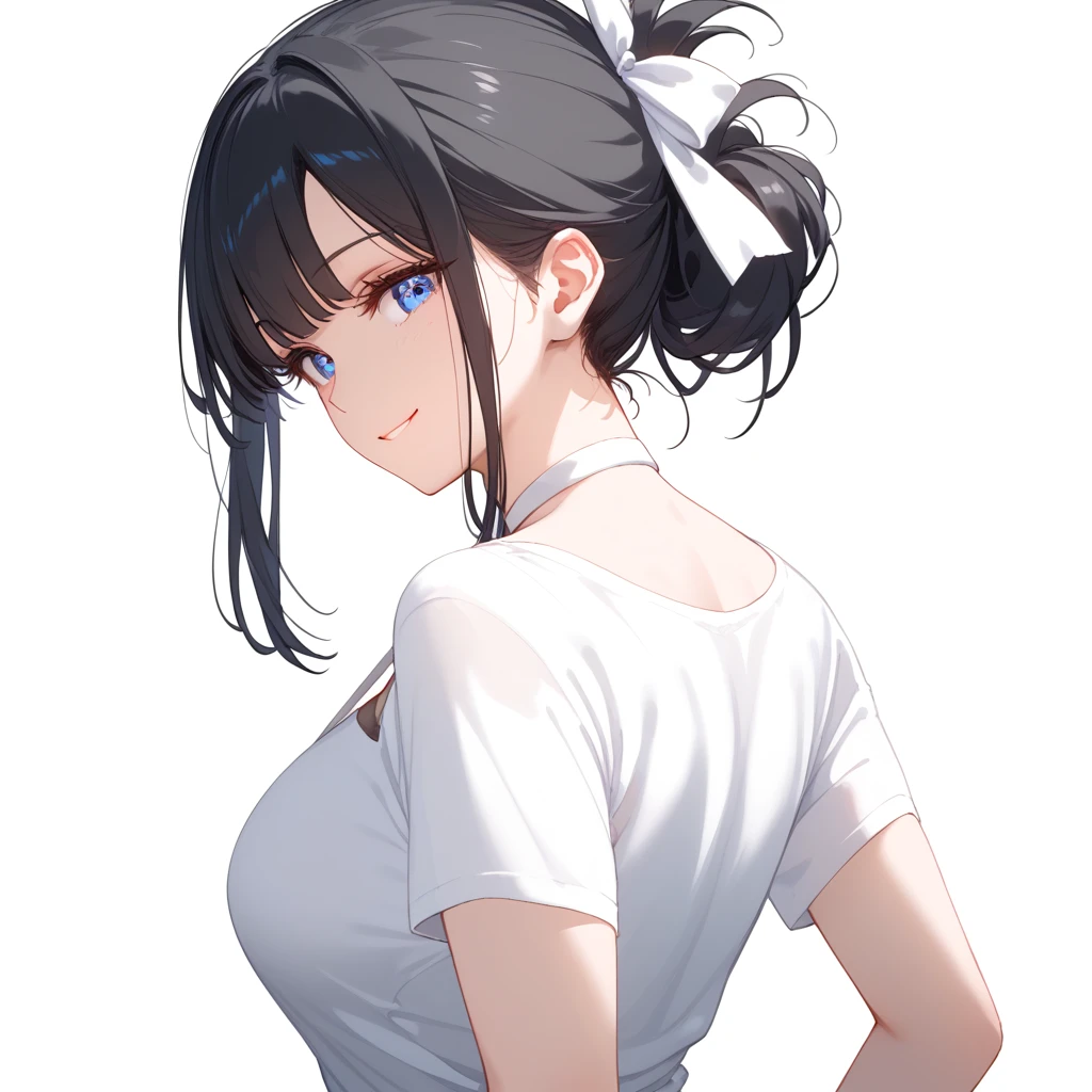  1 female,   black hair , Blue eyes,   Delicate face, beautiful,  White T-shirt , Standing,,   white , white background, bewitching thighs, back, Turn back, , about,   upper body,  portrait , white ribbon,  neck strap ,  light smile base , hand watch,  tied hair  