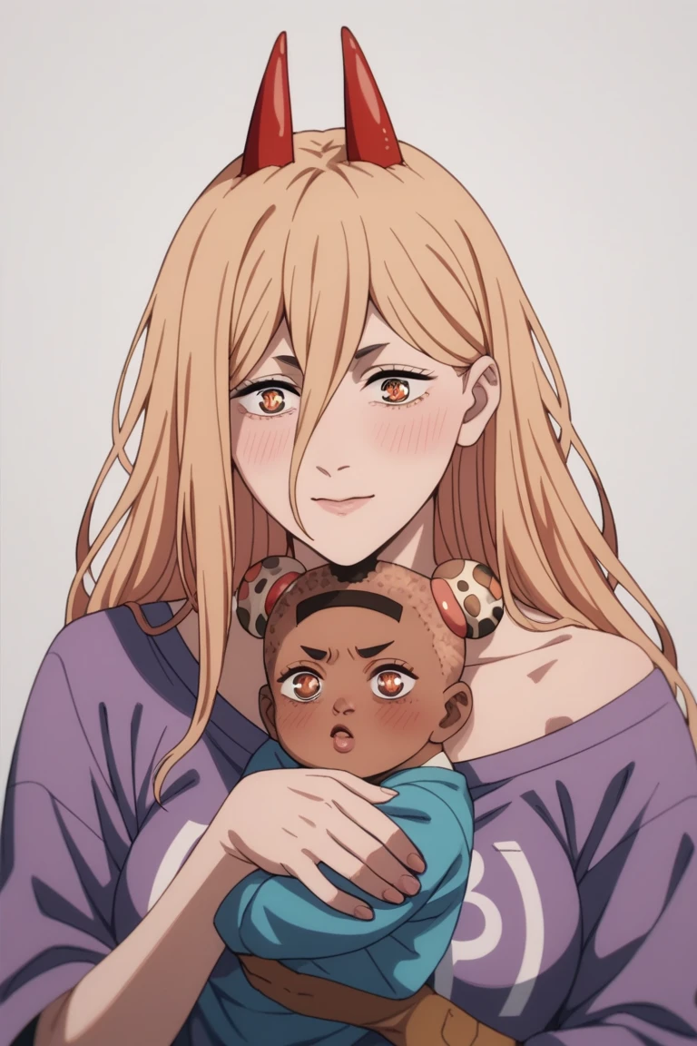  source_anime, BREAK, 1girl, solo, p0w3r0x1, power, long hair, blonde hair, red horns,demon pupils, blushing, medium breasts,   mother and baby, small girl,hugging up, baby, (((african baby))), interracial baby,