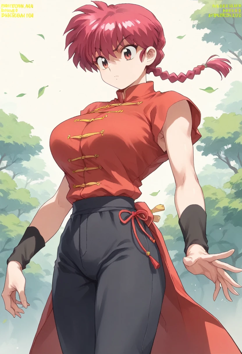 Ranma Saotome, braid, red hair, single braid, braided ponytail, red eyes,
pants, chinese clothes, tangzhuang,　Big Breasts