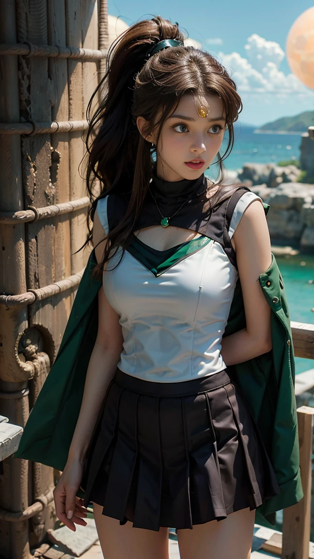 She is tall and has mysterious and beautiful Green Eyes., I see planets in the sky,  beautiful young woman，  has long brown hair  ，Wearing a ponytail, Green Eyes, Height: 170cm,  Sailor Moon Moonlight Legends ,  Sailor Jupiter , emerald jewelry,  I can see the scenery from a high place , The height is 172 ,  you are in great shape .,  I like sports too , He has mysterious Green Eyes.  The skirt must be green , Long legs, Very good body.  She has big beautiful breasts, 