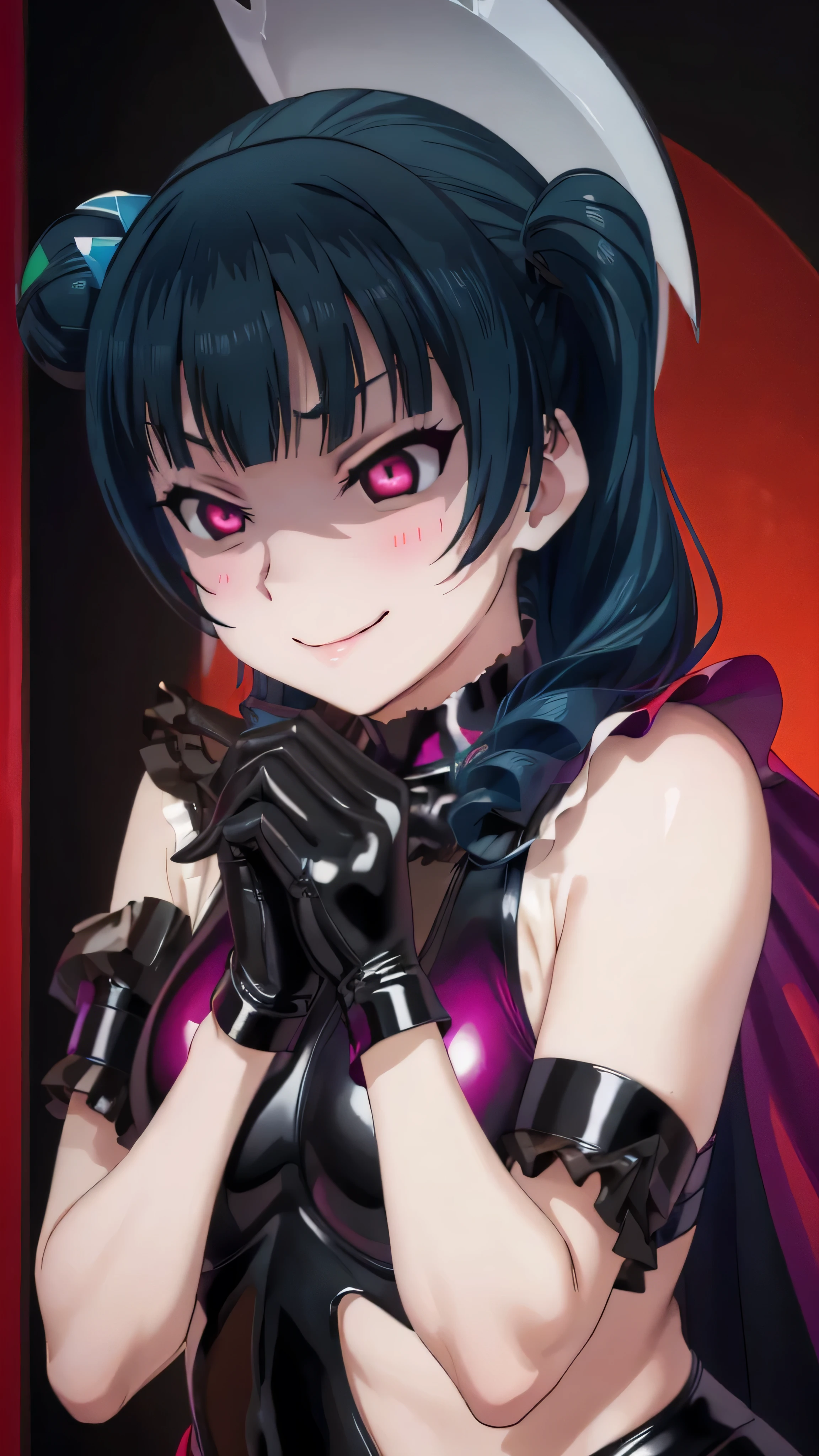 night、lovelive Black Background、Evil background、、Sensual dark light、A shiny black rubber suit that wraps around the body、tall、Upper Body、adult、、Alone、Navy blue hair twin tail drill Volumie、Upper Body、Evil female warrior、Fantasy、Condescending smile、Fallen into evil、Fall into Darkness, Yoshiko Tsushima,very evil smirk, (((black latex gloves)))、uneasy red background,beautiful hands,beautiful body,looking down at viewer,two hands,(masterpiece, best quality),