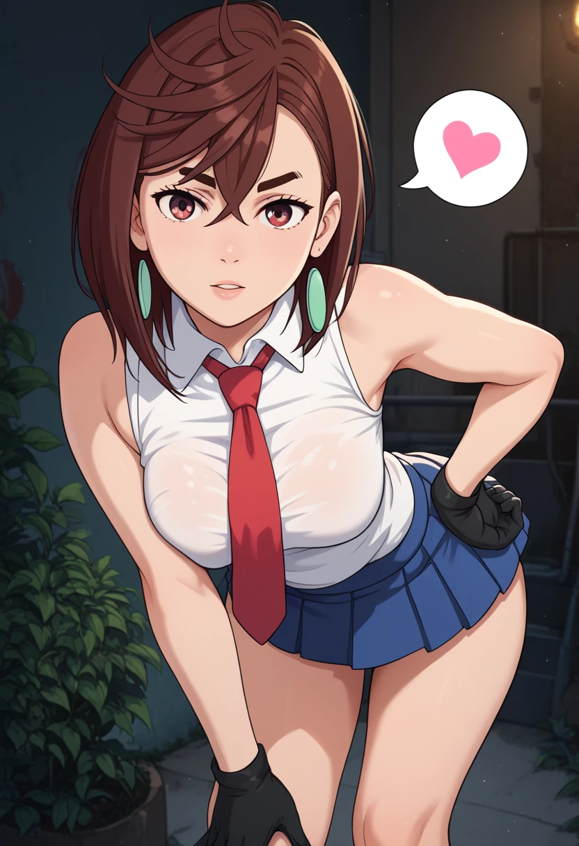 momo ayase, short hair, brown hair, brown eyes, bangs, thick eyebrows, medium breasts, detailed background, cinematic lighting, 1girl, looking at viewer, original outfit, spoken heart, necktie, black gloves, breasts, skirt, shirt, sleeveless, hand on hip, leaning forward, :i, outdoors, hand on own knee,
