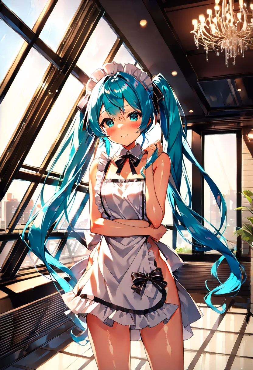 (hatsune miku:1.2), (virgin killer naked apron:1.4), (blush:1.4), (gleaming skin, shiny skin:1.4), (cowboy shot:1.4), (luxurious penthouse, indoor rooftop kitchen:1.4), 