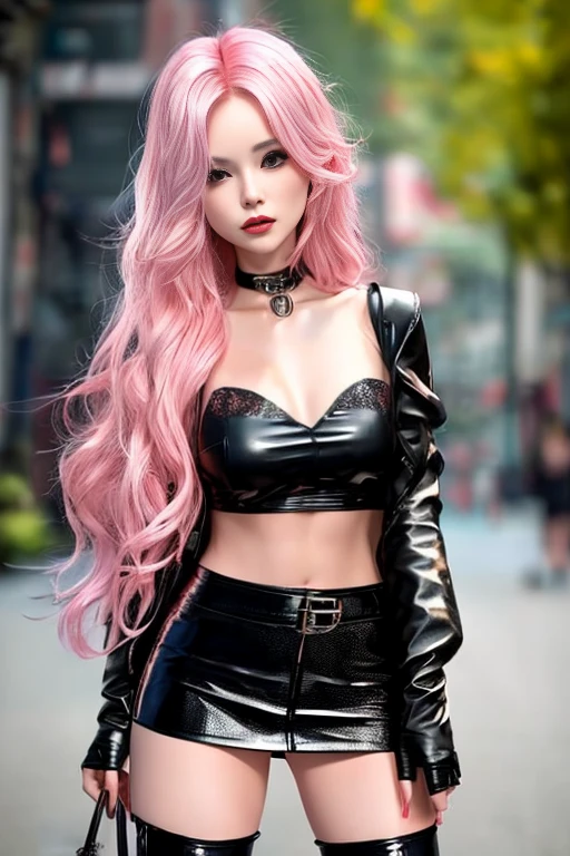 1girl, a young prostitute, long pink hair, (black leather mini skirt),  topless woman, bokeh,  thigh boots, sexy, slender, slim, toned, remarkable detailed pupils, highly detailed skin, collarbone, full body, full-body portrait, Wide-Angle, UHD, accurate, anatomically correct, hookerchic, ((full figure)), daytime, midriff, toned abbs,