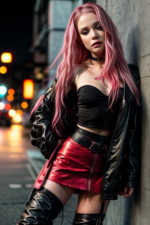 1girl, a young prostitute, long pink hair, (black leather mini skirt),  topless, exposed breasts, bokeh,  thigh boots, sexy, slender, slim, toned, remarkable detailed pupils, highly detailed skin, collarbone, full body, full-body portrait, Wide-Angle, UHD, accurate, anatomically correct, hookerchic, ((full figure)), daytime, 