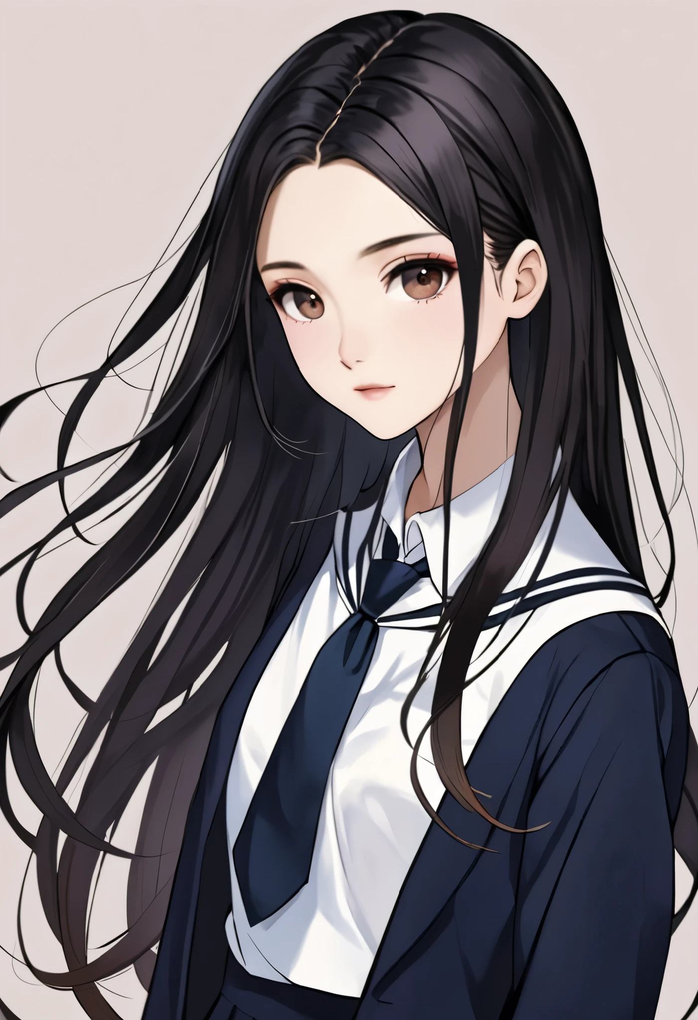 A  girl in a school uniform with long, sleek black hair, a middle-part hairstyle, and dark brown eyes. Use Maria Zhang as inspiration.