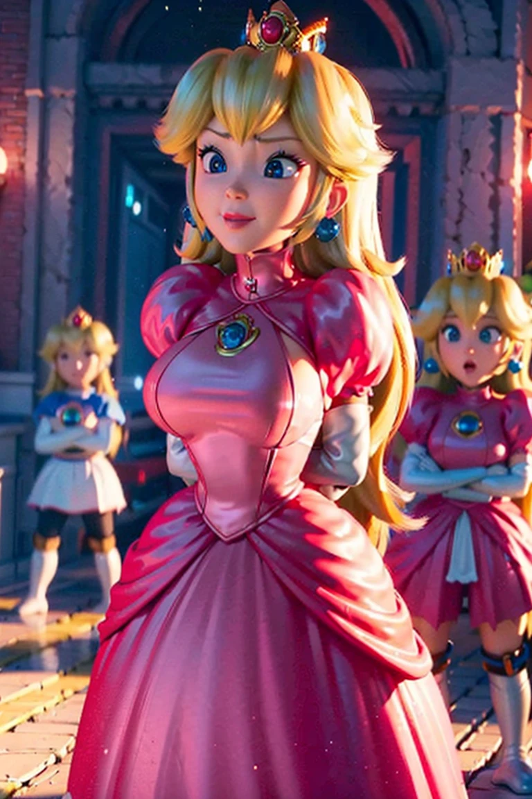 score_9, score_8_up, score_7_up, 1girl, 1girl, Princess Peach \(Mario Bros\), (Ela tem grandes eyes azuis brilhantes), (light skin), (pele realista),, (((long straight blond hair))), (Dark shadows compose), ((Very huge breasts, rosa )), ( thick thighs ), (Perfect thin body), (crown), ((Posing sexy in peach princess castle)), (master part, High definition, Volumetric lights and dynamic shadowaster part)), (8k), ( perfect face), (ultra details) (perfect hands, eye, the face), ((sorriso sexy)), (arms behind back:1.4), full body, complete body, standing, standing, mask, mask neck corset, mask corset, black mask, tight mask. (armbinder:1.4), 